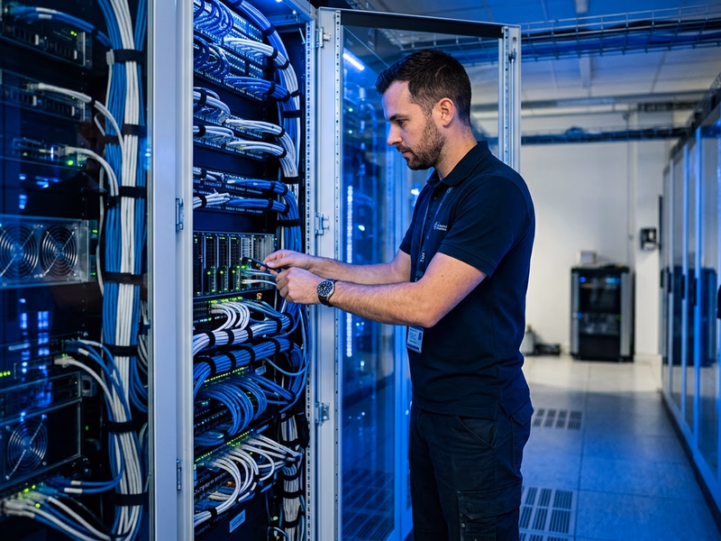 IT-Techniker arbeitet konzentriert am Server-Rack mit blauem LED-Licht